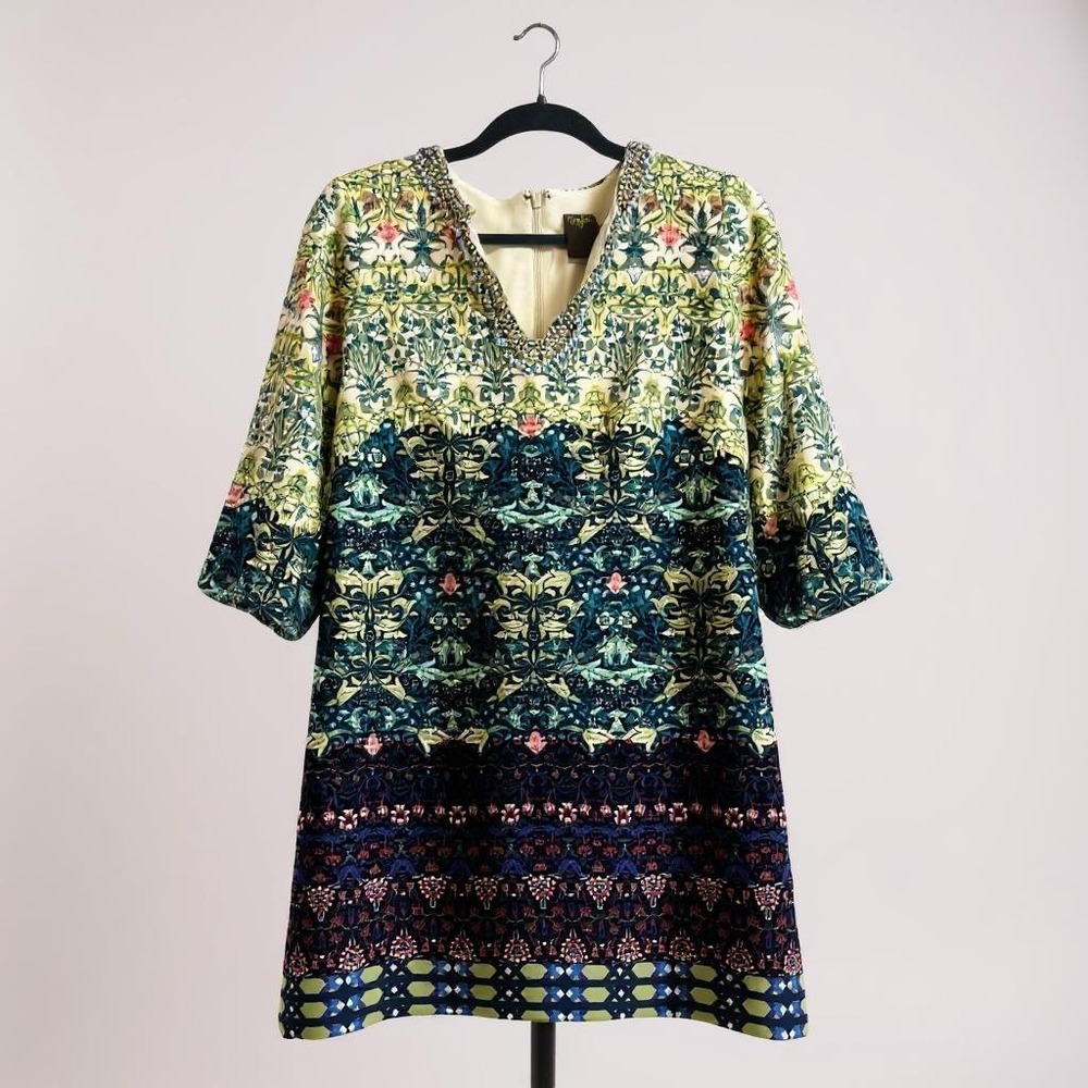 Bohemian Floral‎ Patterned Dress With Beaded Neckline & Back Zipper size 8